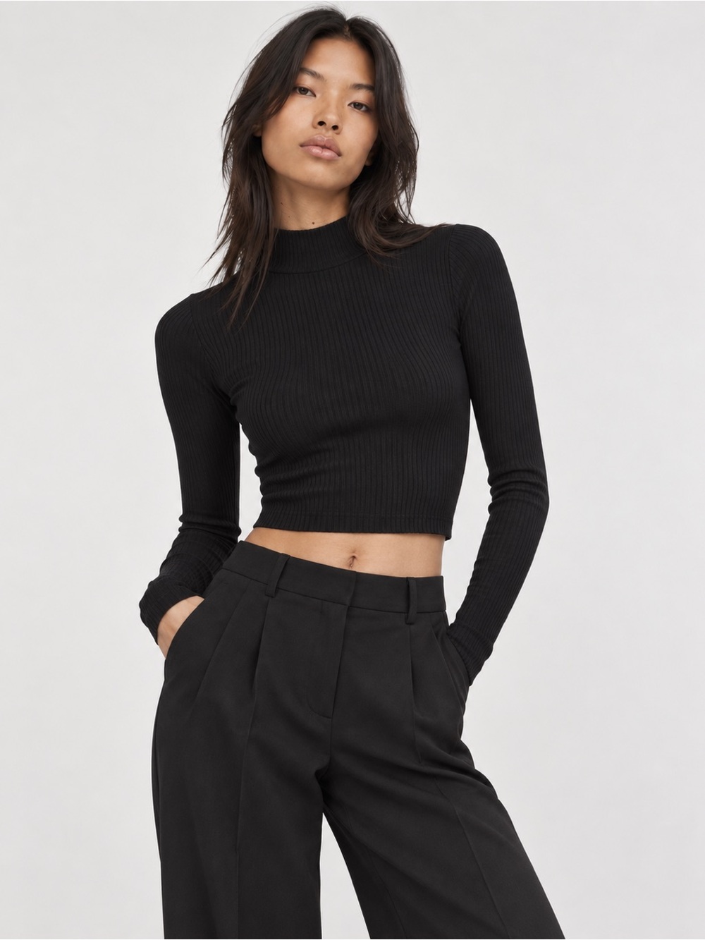 Aritzia Sunday Best Black Ribbed Cropped Mockneck Polished Effortless Capsule